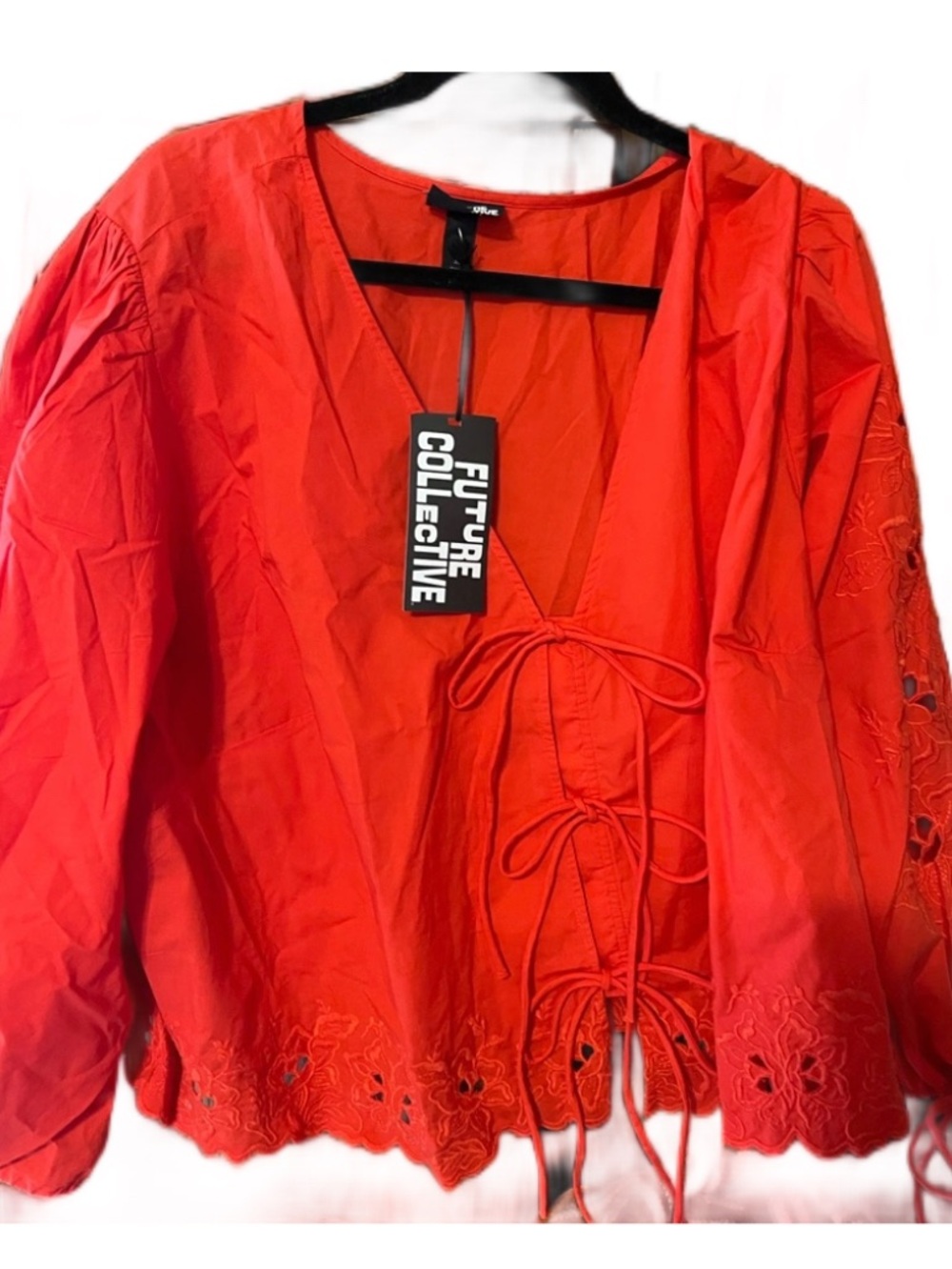 Future Collective Red Tie-Front Embroidered Blouse. Bohemian